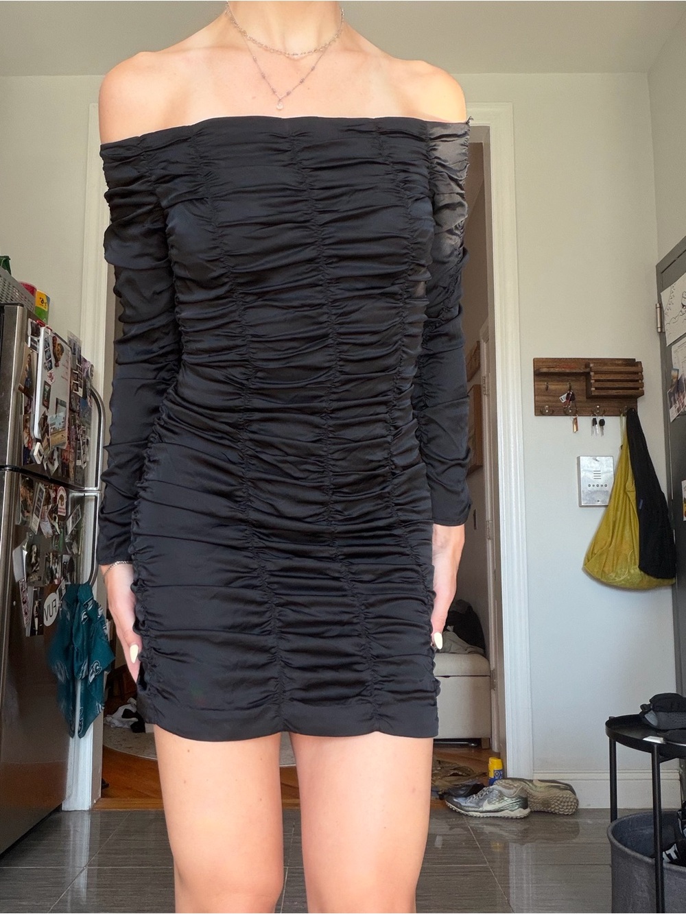 Off-Shoulder Black Ruched Bodycon Dress